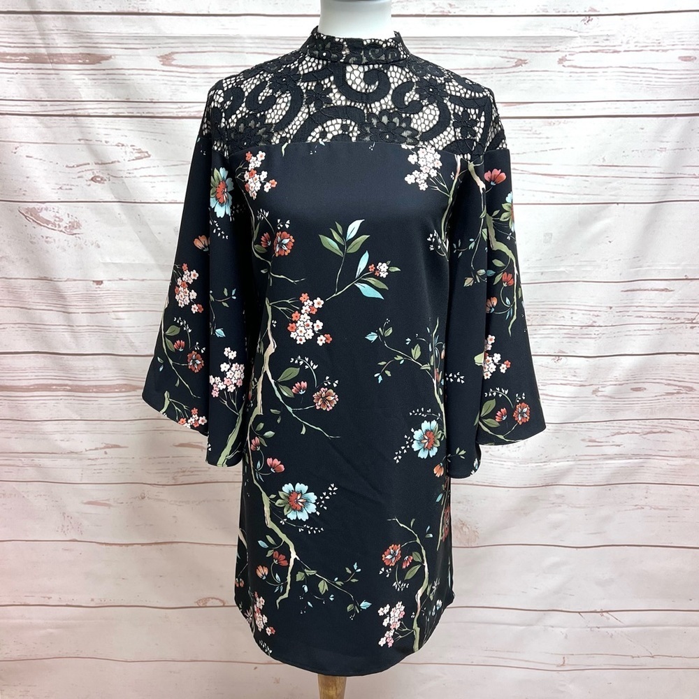 Nanette Lepore Lace Mandarin Collar Floral Winged Sleeve Shift Dress